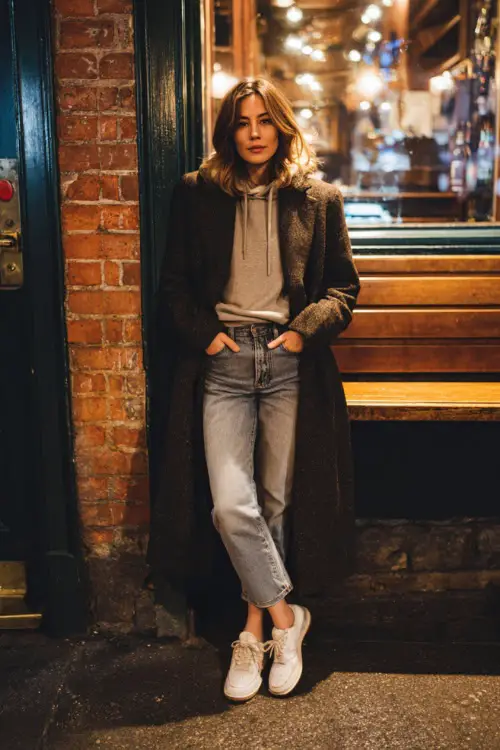 A chic woman wearing a relaxed hoodie layered with a tailored coat, paired with straight-leg jeans and sneakers, posing outside a casual bar at night during winter