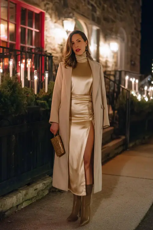 A chic woman wearing a satin slip dress layered with a fitted turtleneck and a long coat, styled with heeled boots and a clutch 