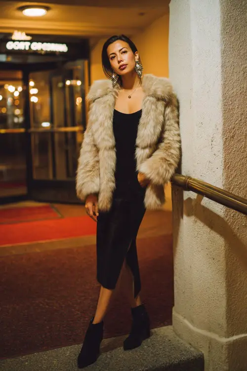 A chic woman wearing a short faux fur coat layered over a body-skimming midi dress, paired with ankle boots and bold earrings 