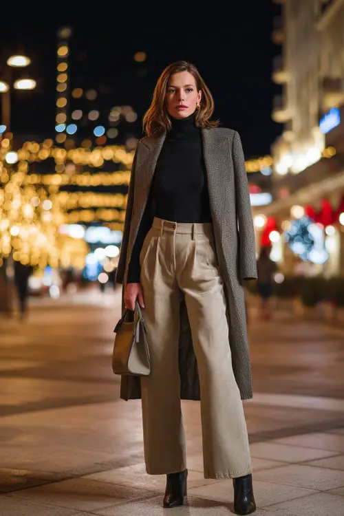 A chic woman wearing wide-leg jeans paired with a fitted turtleneck and a long wool coat, accessorized with a structured handbag and heeled boots 