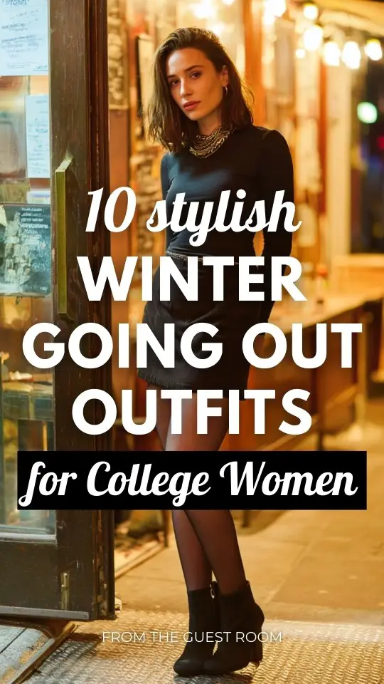 A college woman wearing a winter going out outfit with a long sleeve fitted top tucked into a mini skirt, styled with tights, ankle boots, and a casual jacket