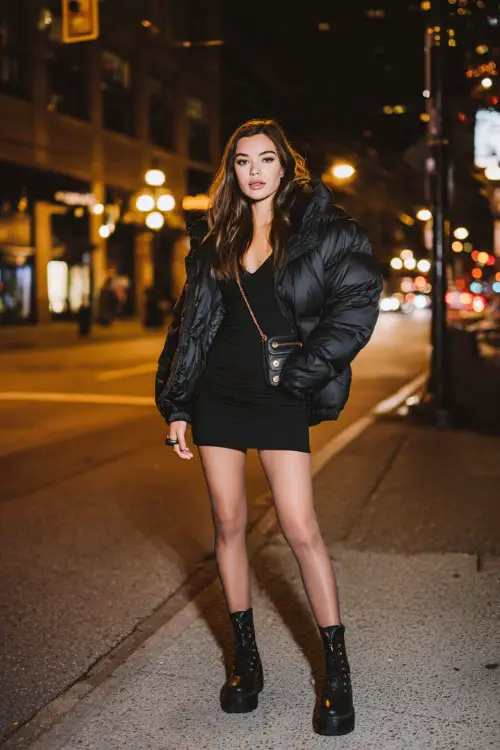 A confident woman styled in a statement puffer jacket worn over a fitted mini dress, finished with tights and chunky platform boots 