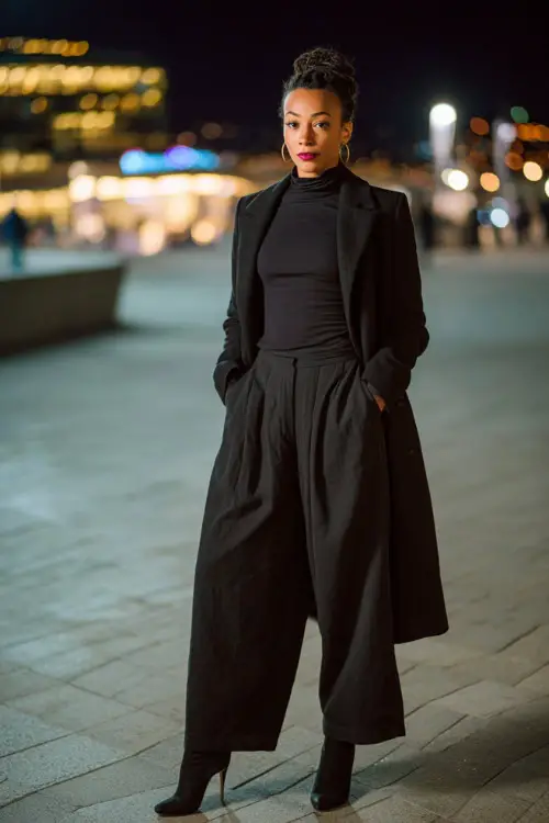 A fashionable Black woman in a monochrome winter outfit featuring a fitted turtleneck, wide-leg trousers, and heeled boots, layered with a long tailored coat