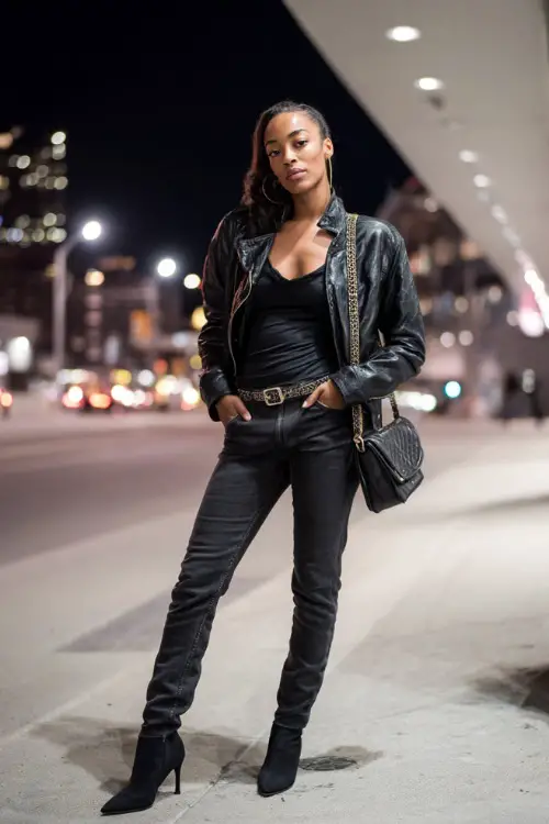 A fashionable Black woman wearing an all-black winter night outfit with a leather jacket, fitted top, straight jeans, and heeled boots, accessorized with a bold belt and shoulder bag