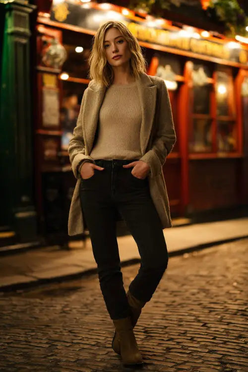 A fashionable woman dressed in a neutral-toned casual outfit with a fitted top, straight-leg jeans, and a cozy coat, finished with ankle boots 