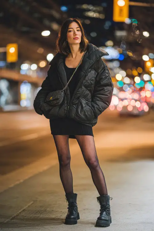 A fashionable woman dressed in a statement puffer jacket layered over a slim knit dress, paired with tights and chunky boots, holding a mini handbag, posing under city lights on a winter night