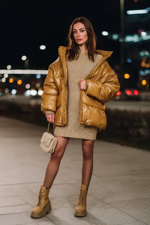 A fashionable woman dressed in a statement puffer jacket layered over a slim knit dress, paired with tights and chunky boots, holding a mini handbag