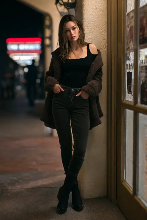 A fashionable woman dressed in an all-black casual night outfit with a fitted top, straight-leg jeans, and ankle boots, layered with a cozy coat