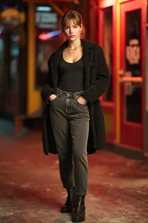 A fashionable woman dressed in an all-black casual night outfit with a fitted top, straight-leg jeans, and ankle boots