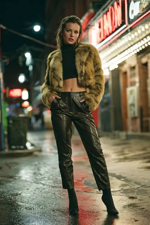 A fashionable woman in a cropped faux fur jacket paired with high-waisted leather pants, a sleek turtleneck top