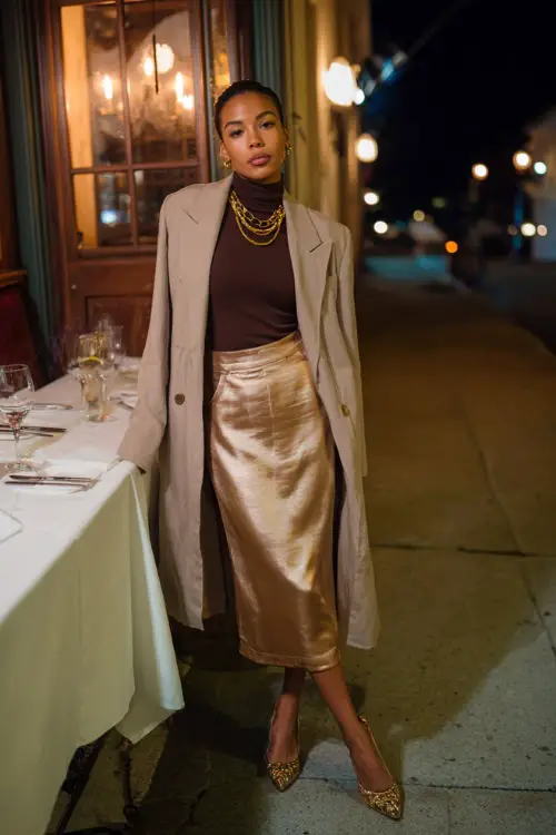A fashionable woman in a satin midi skirt paired with a fitted turtleneck and pointed heels, layered with a long coat