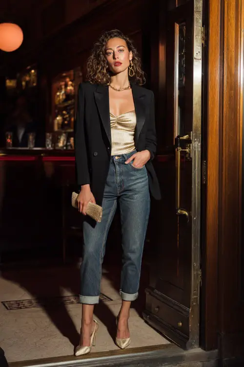A fashionable woman in a tailored blazer worn over a sleek fitted top, paired with high-waisted straight-leg jeans and pointed-toe heels, styled with gold jewelry and a clutch