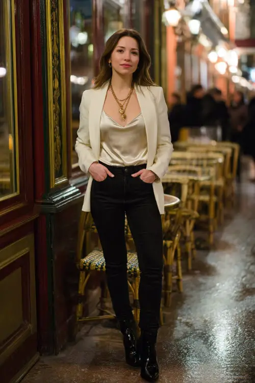 A fashionable woman in dark wash skinny jeans styled with a satin camisole and a tailored blazer, finished with heeled ankle boots and gold jewelry