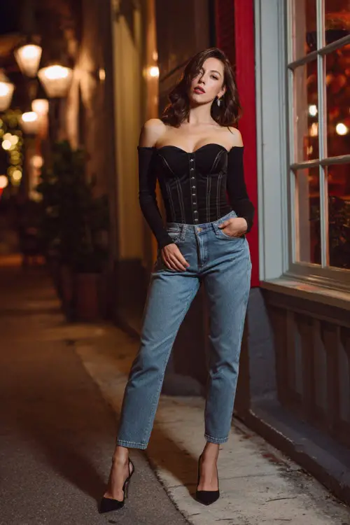 A fashionable woman wearing a corset-style top layered over a fitted long-sleeve shirt, paired with straight-leg jeans and pointed heels, accessorized with a bold belt