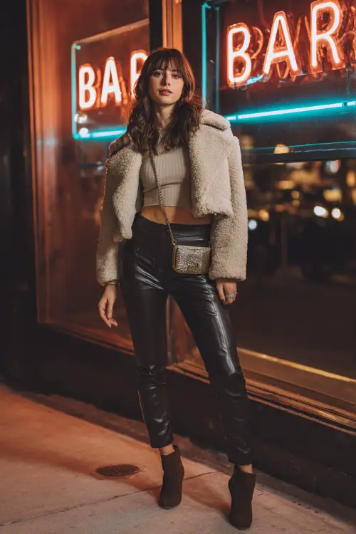 A fashionable woman wearing a cropped jacket with high-waisted leather pants, a fitted top, and heeled ankle boots, accessorized with a mini crossbody bag 