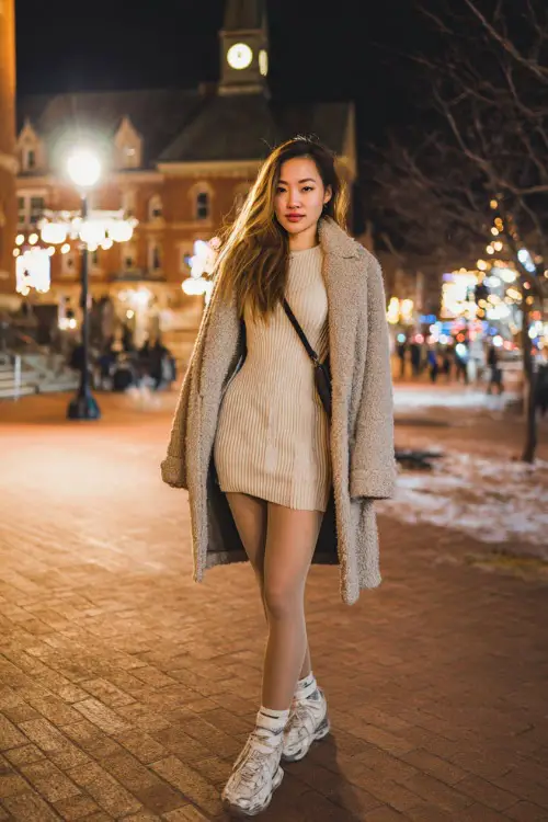 A fashionable woman wearing a knit mini dress layered with an oversized coat, styled with tights, sneakers, and a crossbody bag