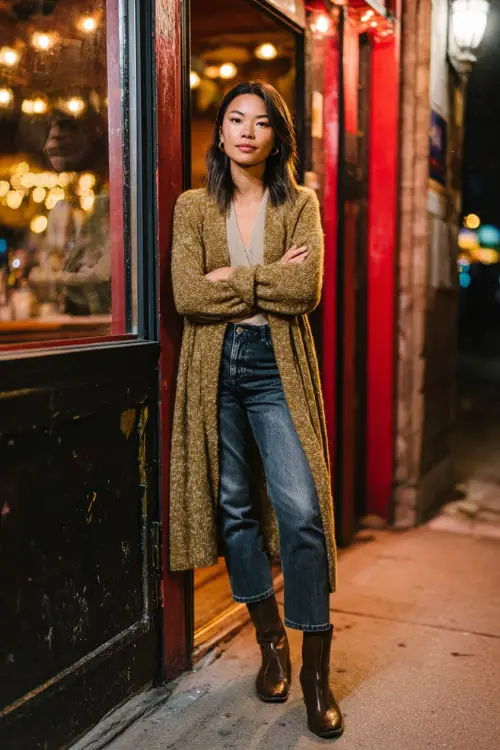 A fashionable woman wearing a long cardigan layered over a fitted top, paired with straight-leg jeans and ankle boots, standing outside a friendly local bar on a winter night