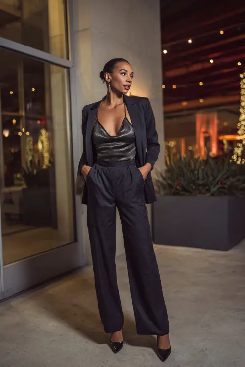 A stylish Black woman dressed in a tailored blazer layered over a satin camisole, paired with straight-leg trousers and heels, accessorized with a clutch