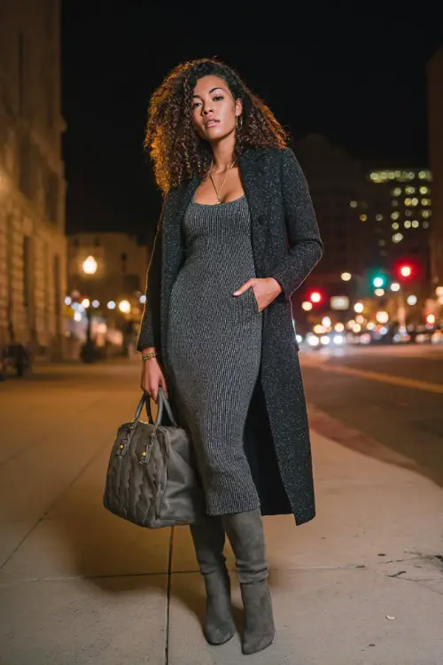 A stylish Black woman wearing a fitted knit midi dress layered with a long tailored wool coat, paired with knee-high heeled boots and a structured handbag 