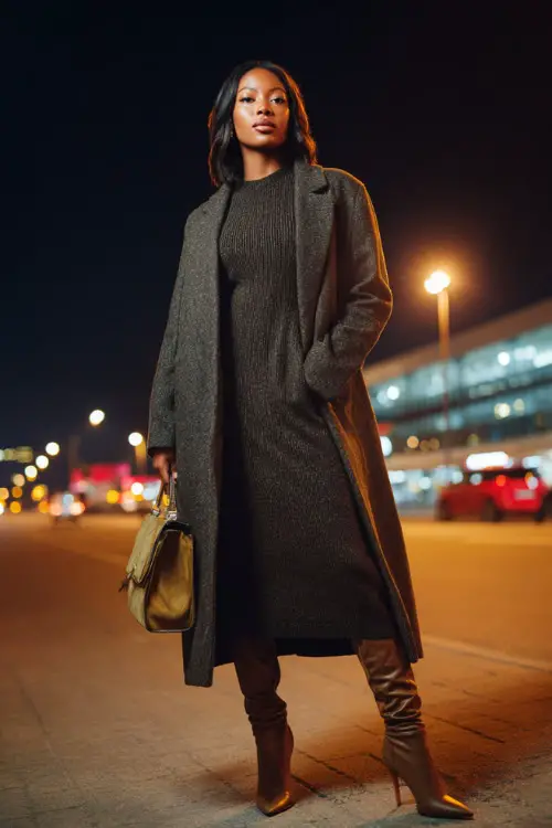 A stylish Black woman wearing a fitted knit midi dress layered with a long tailored wool coat, paired with knee-high heeled boots and a structured handbag