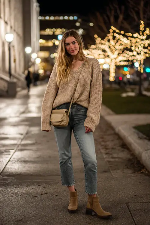 A stylish college-aged woman wearing an oversized sweater tucked into straight-leg jeans, paired with ankle boots and a mini crossbody bag
