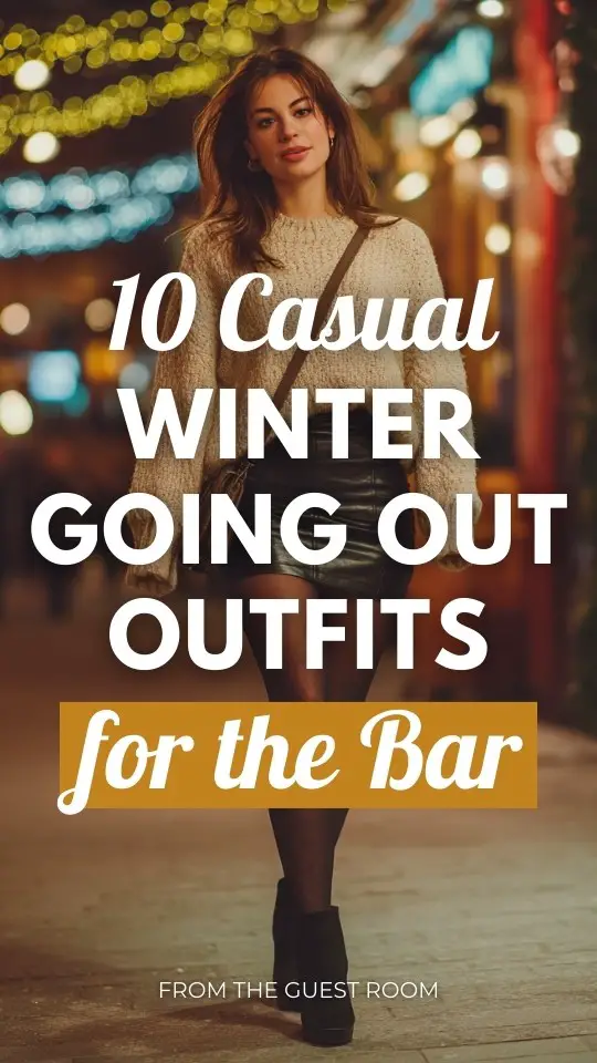 A stylish woman dressed in a casual winter going out outfit for bar with a chunky sweater paired with a leather-look mini skirt, tights, and ankle boots, carrying a small shoulder bag