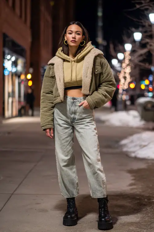 A stylish woman dressed in a cozy hoodie layered with a cropped jacket, paired with straight-leg jeans and platform boots, accessorized with hoop earrings