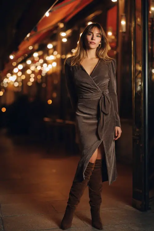 A stylish woman dressed in a wrap-style midi dress with long sleeves, finished with knee-high boots and a belted coat