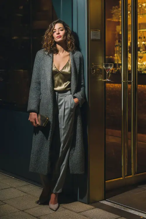 A stylish woman in a long wool coat worn open over a satin camisole and tailored trousers, finished with pointed heels and a clutch bag