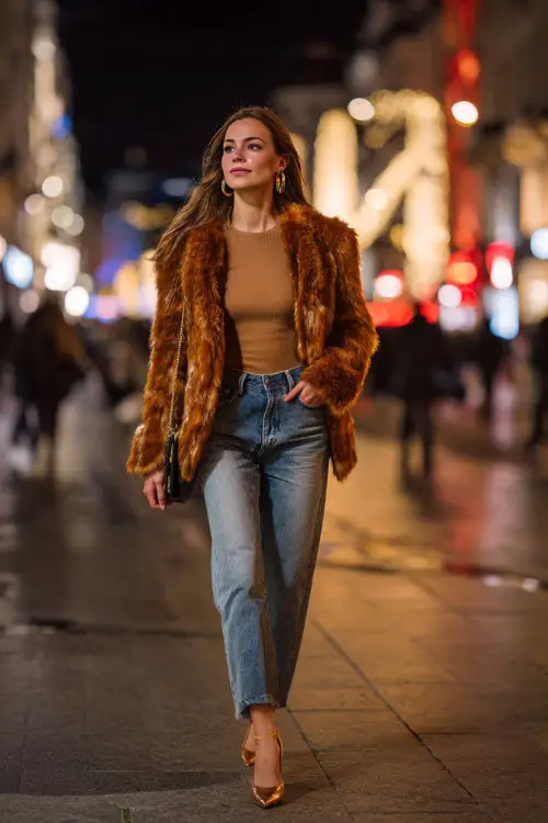 A stylish woman in a short faux fur coat worn with straight-leg jeans, a fitted top, and pointed heels, accessorized with gold hoops and a mini bag