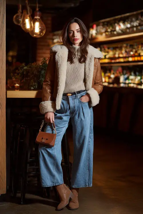 A stylish woman in a soft knit top paired with wide-leg jeans, layered with a casual jacket and finished with ankle boots 