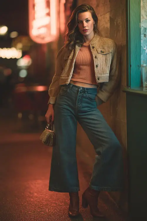 A stylish woman in a soft knit top paired with wide-leg jeans, layered with a casual jacket and finished with ankle boots