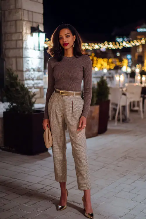 A stylish woman in a tailored knit top paired with straight-leg pants, accessorized with a belt, heels, and a small handbag 