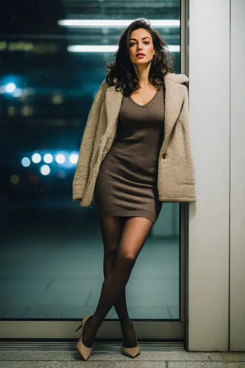 A stylish woman wearing a body-skimming knit mini dress layered with a short statement coat, paired with tights and pointed heels