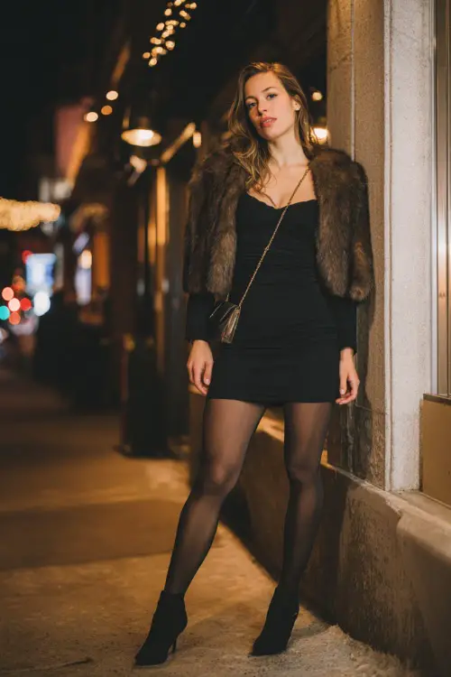 A stylish woman wearing a fitted black mini dress layered with a cropped faux fur jacket, sheer tights, and heeled ankle boots, accessorized with a small shoulder bag
