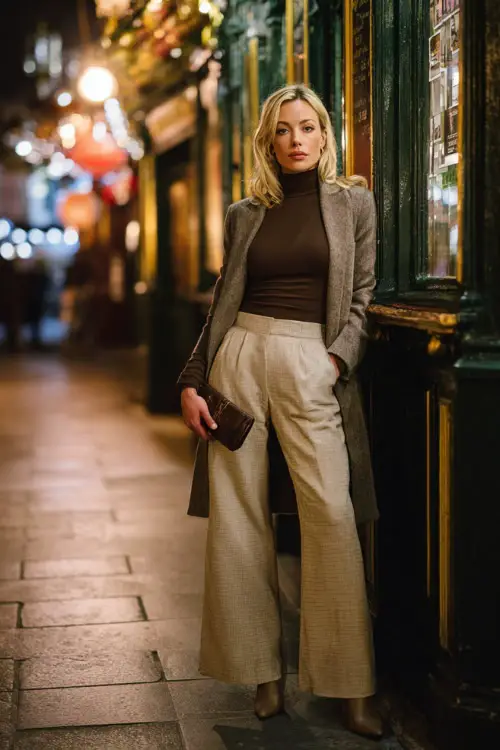 A stylish woman wearing a fitted long-sleeve top with wide-leg trousers, layered with a tailored coat and finished with heeled boots, accessorized with a clutch