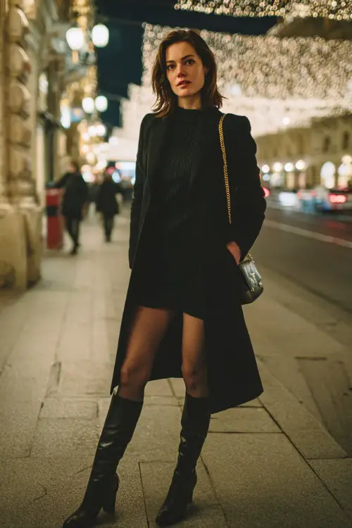 A stylish woman wearing a long black wool coat layered over a fitted knit dress, sheer tights, and knee-high leather boots 