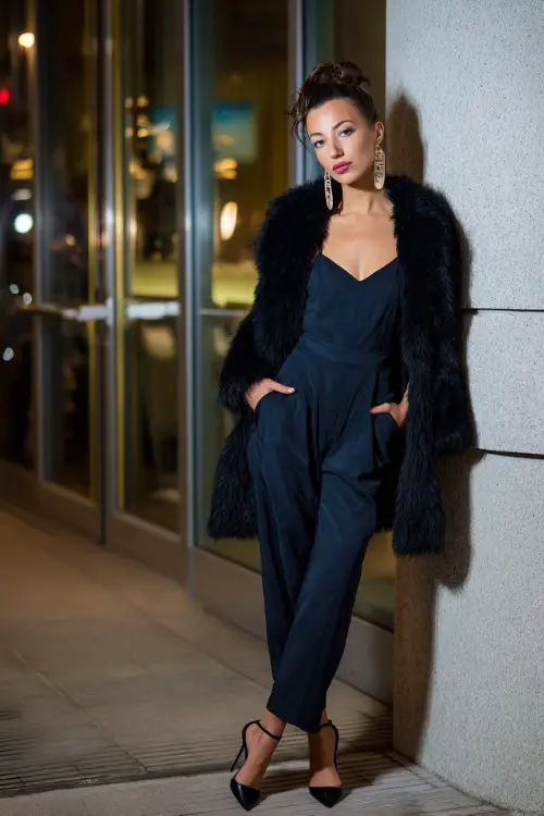 A stylish woman wearing a sleek jumpsuit layered with a tailored coat, finished with heels and statement earrings 