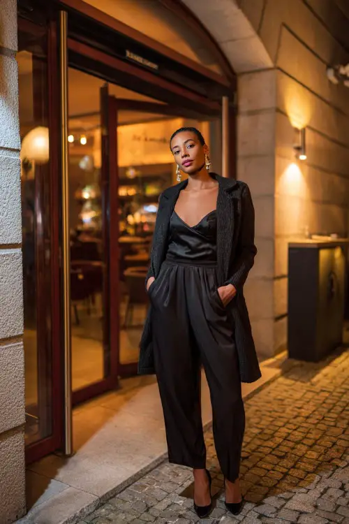 A stylish woman wearing a sleek jumpsuit layered with a tailored coat, finished with heels and statement earrings