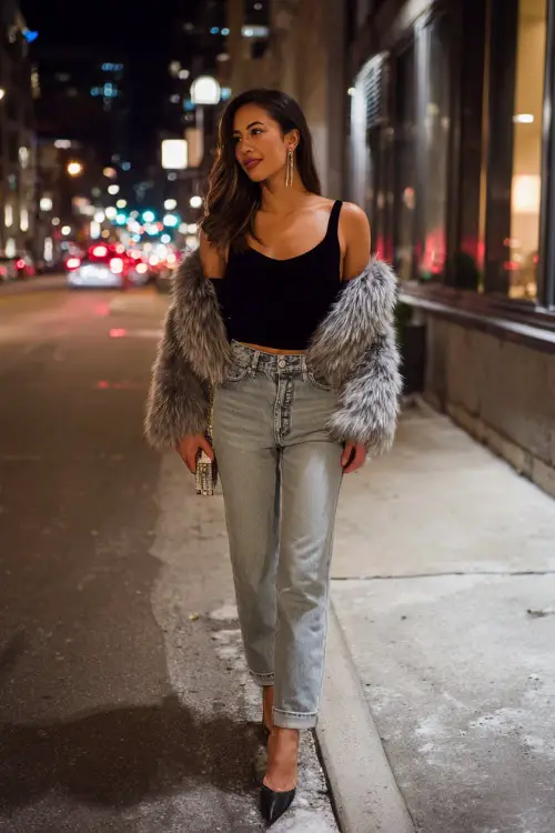 A stylish woman wearing high-waisted straight-leg jeans paired with a fitted black top and a cropped faux fur jacket, styled with pointed-toe heels and a mini shoulder bag