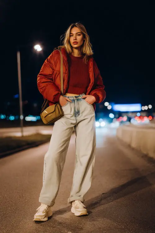 A stylish woman wearing wide-leg jeans with a cropped sweater and a short puffer jacket, accessorized with a mini backpack 