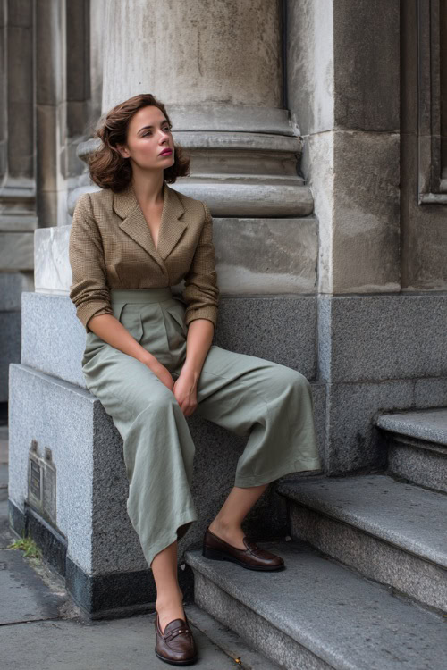 A woman dressed in 1950s-inspired ankle-length trousers with a defined waist, paired with a fitted short jacket and loafers, posed on stone steps of a historic building