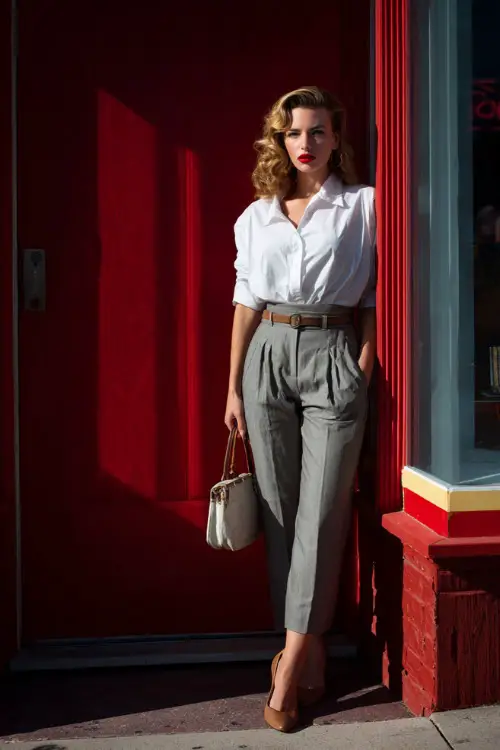 A woman dressed in 1950s-style cigarette pants with a belted waist, paired with a crisp button-up shirt and low heels, accessorized with a small handbag