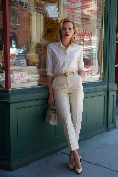 A woman dressed in 1950s-style cigarette pants with a belted waist, paired with a crisp button-up shirt and low heels, accessorized with a small handbag