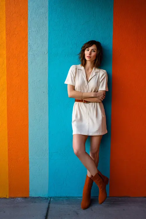 A woman dressed in a 1960s-inspired shift dress with clean lines and knee length, paired with ankle boots and minimal accessories, posed against a colorful retro wall