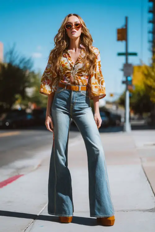 A woman dressed in a 1970s-inspired high-waisted flared jeans paired with a tucked-in patterned blouse and platform heels, accessorized with oversized sunglasses