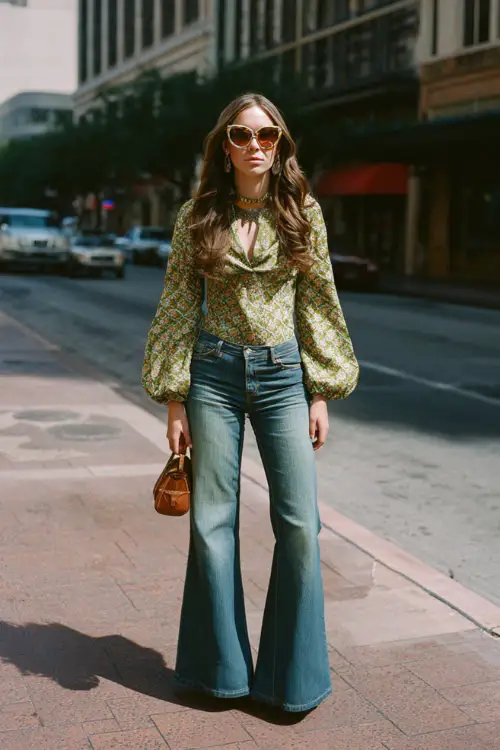 A woman dressed in a 1970s-inspired high-waisted flared jeans paired with a tucked-in patterned blouse and platform heels, accessorized with oversized sunglasses