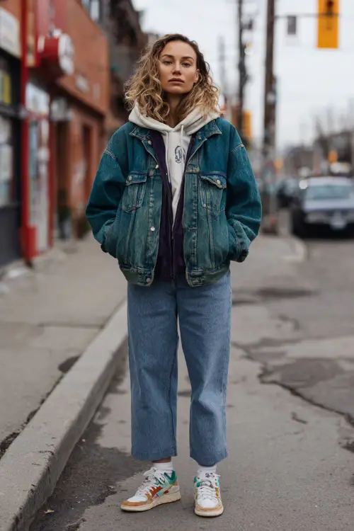 A woman dressed in a casual 90s winter outfit featuring a vintage denim jacket layered over a hoodie and straight-leg jeans, paired with sneakers, standing on a quiet urban street