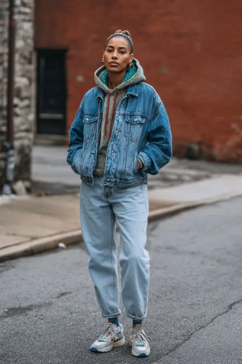 A woman dressed in a casual 90s winter outfit featuring a vintage denim jacket layered over a hoodie and straight-leg jeans, paired with sneakers