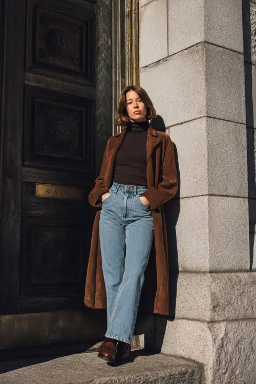 A woman dressed in a classic 90s winter outfit featuring a fitted turtleneck tucked into high-waisted jeans, layered with a long coat and finished with loafers
